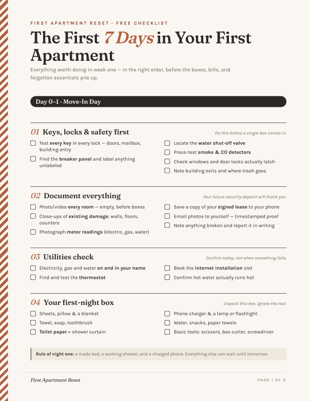 Preview of the First 7 Days checklist — page one, Day 0–1 move-in tasks